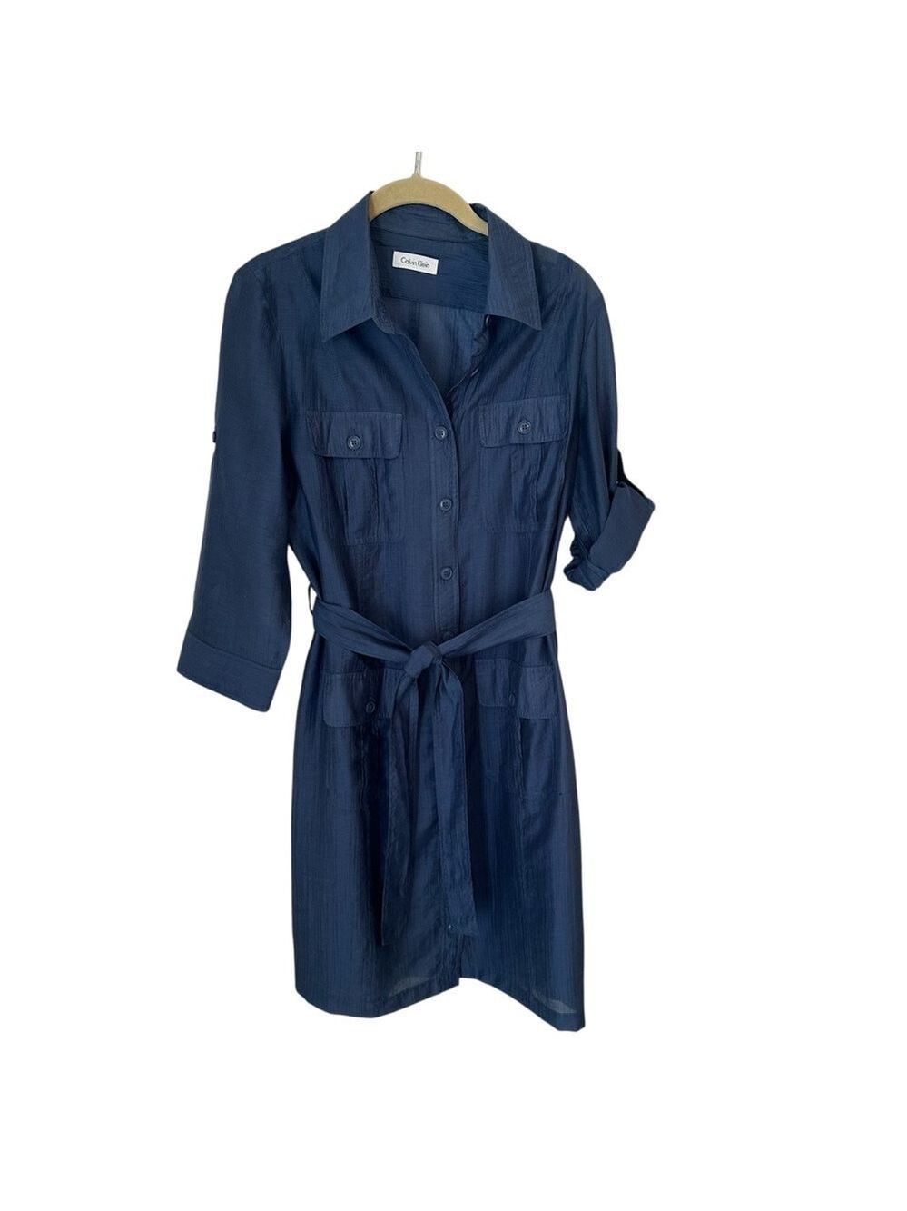 Calvin Klein Women’s Blue Roll Tab Sleeve Belted Knee Length Dress No Size ? Sm